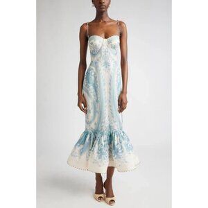 NWOT Zimmermann Illuminate Turquoise Paisley Mermaid Silk Linen Dress Size 0